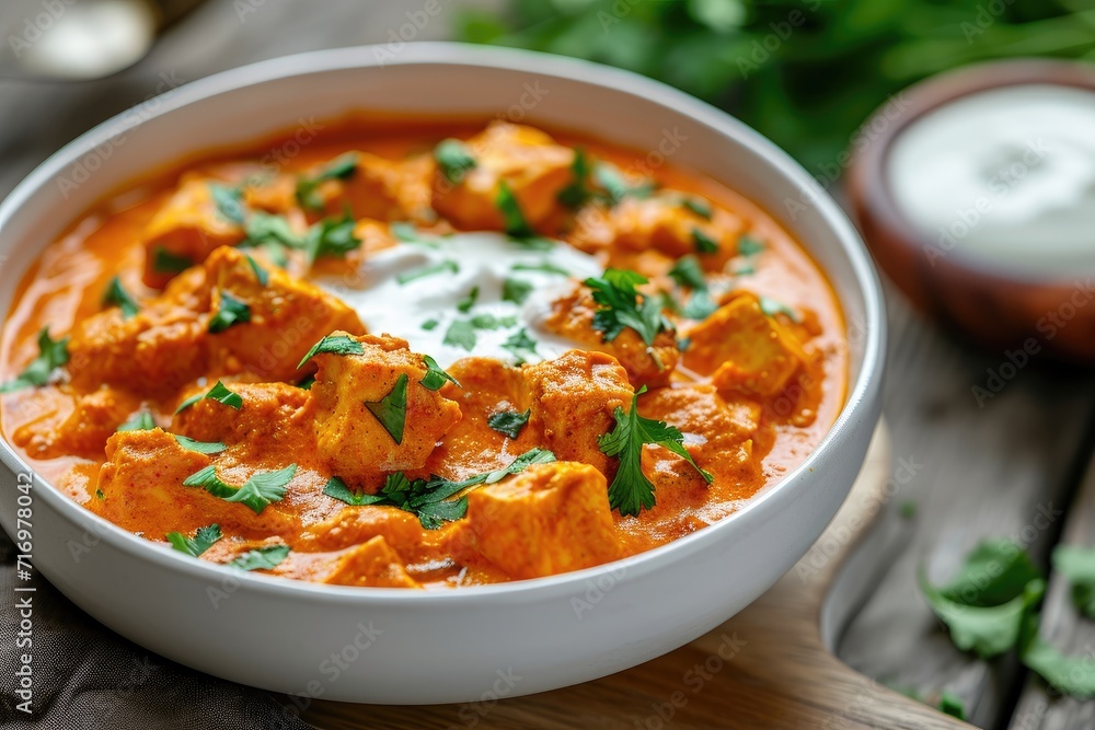 white bowl of chicken masala curry