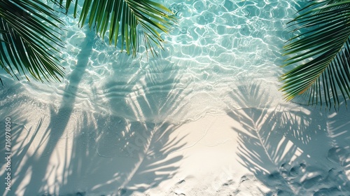 top view of water surface with tropical leaf shadow. Shadow of palm leaves on white sand beach. Beautiful abstract background concept banner for summer vacation at the beach, generative ai © Naseem