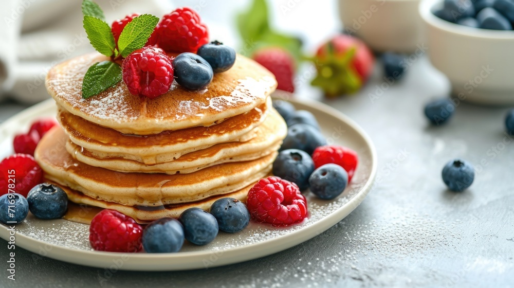 A delicious stack of pancakes topped with fresh berries and a sprinkle of powdered sugar. Perfect for breakfast or brunch.