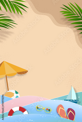 Summer background with beach vacation holiday theme in blue wave layer and copy space Vector flat lay paper cut of tropical summer design  palm leaf and cloud on sandy beach background