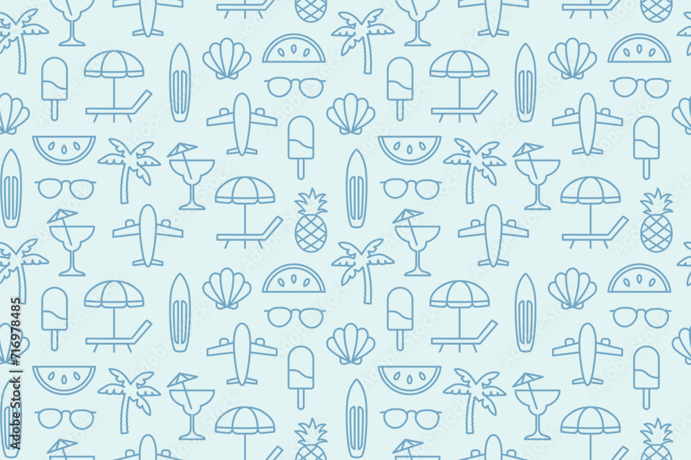 travel, summer seamless pattern with palm tree, sunglasses, ice cream, cocktail, chair with umbrellla, watermelon, pineapple, airplane icons- vector illustration