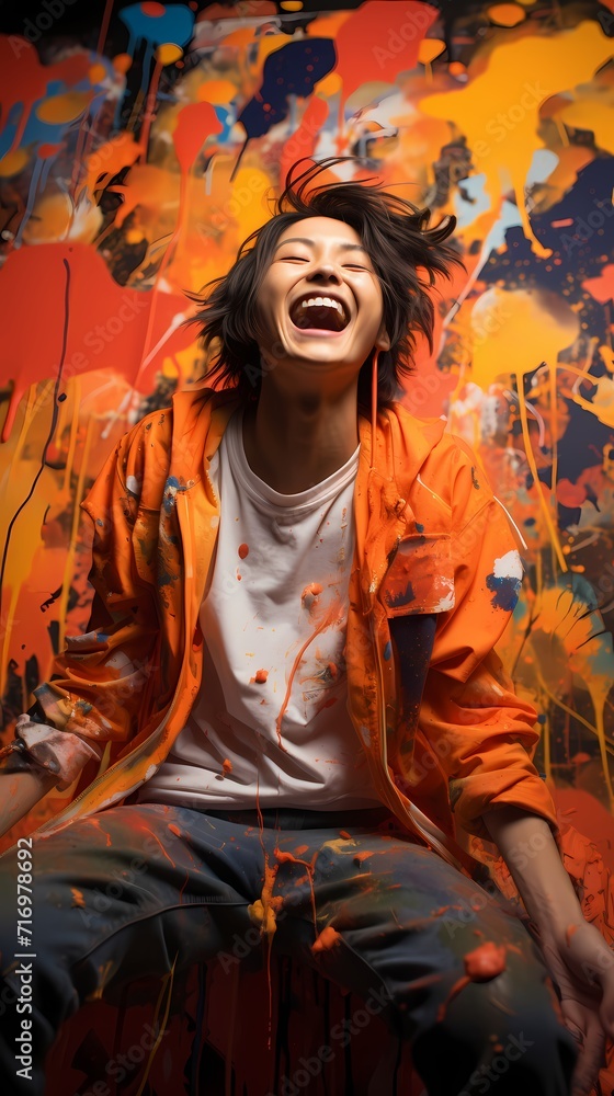 A Japanese girl with a playful smile, wearing a black graphic t-shirt, cargo pants, and chunky sneakers, poses against a gradient red and orange background with paint splatters