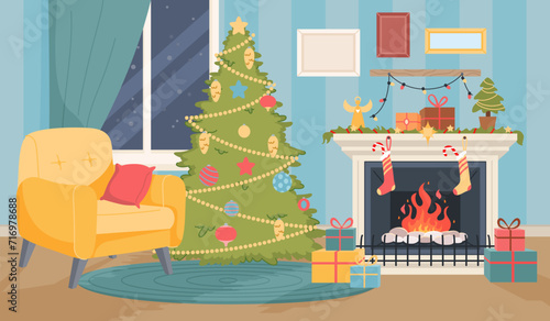 Christmas interior with fireplace. Home hearth. Festive garlands. Gift socks. Present boxes. Cozy room. Decorated house. Xmas tree with toys. Comfortable armchair. Recent vector concept