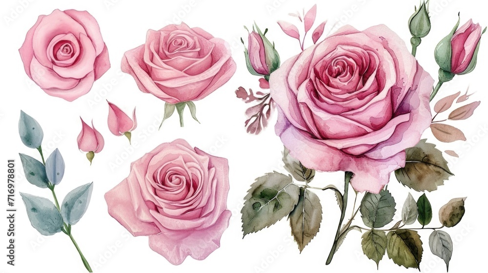 A bunch of pink roses on a white background. Perfect for floral arrangements and wedding decorations - obrazy, fototapety, plakaty 