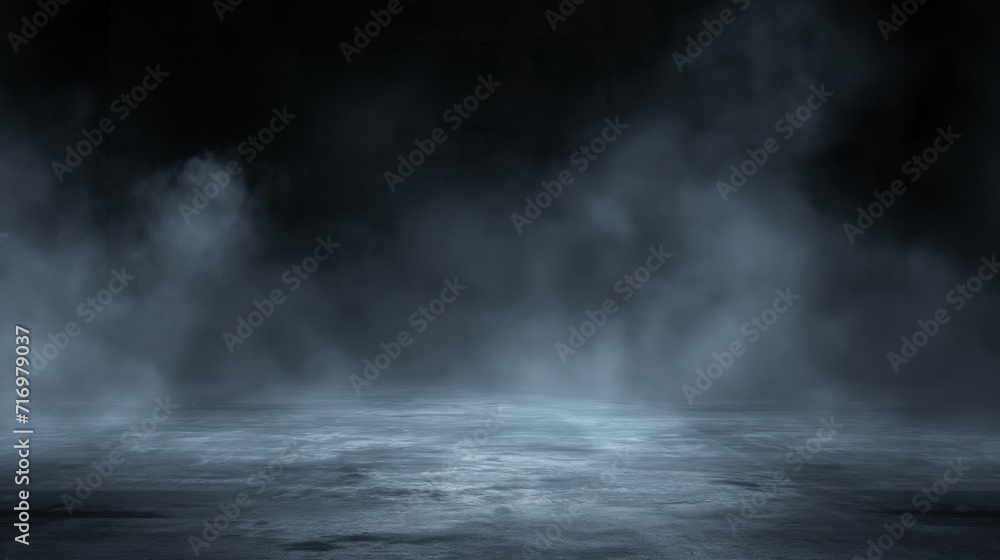 Empty dark space with white smoke and stone floor, background wallpaper