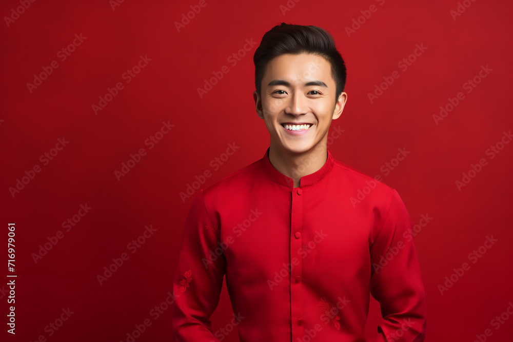 Fototapeta premium portrait of a man wearing red Chinese clothing to commemorate Chinese New Year with generative ai