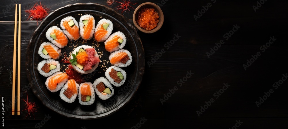 Cuisine du Japon, assiette de sushis sur un fond noir, image avec espace pour texte