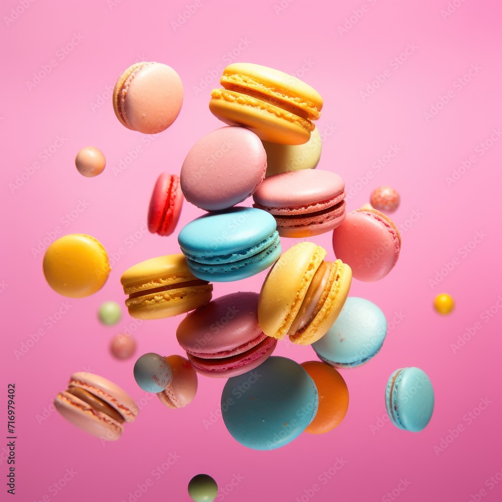 Obraz premium Assortiment de macarons colorés flottant sur un fond rose
