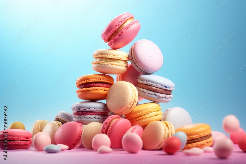 Obraz premium Assortiment de macarons colorés flottant sur un fond bleu