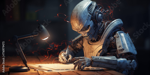 robot sitting in front of a desk and writing
