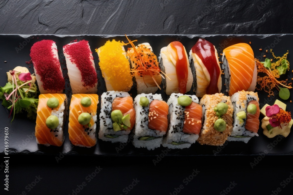 Cuisine du Japon, assortiment de sushis sur un fond noir Cuisine du Japon, assortiment de sushis sur un fond noir