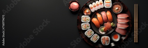 Cuisine du Japon, assiette de sushis sur un fond noir, image avec espace pour texte