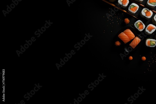 Cuisine du Japon, assortiment de sushis sur un fond noir, image avec espace pour texte
