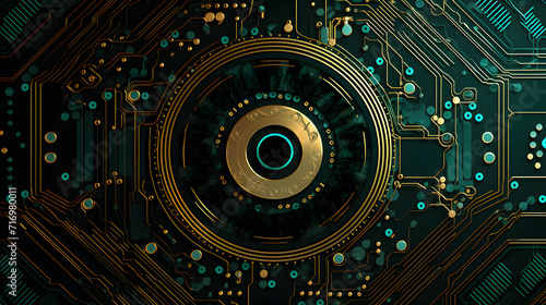 electronic circuit board abstract design, green and black vector illustration, technology background, in the style of fish-eye lens, dark gold and aquamarine, aetherclockpunk, shaped canvas