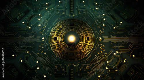circuit board background, in the style of surrealistic futuristic, soviet lens, dark gold and light emerald, fisheye lens, aetherclockpunk, conceptual