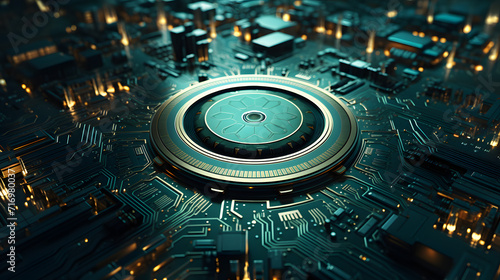 electronic circuit board with gold and silver commom background, in the style of fish-eye lens, dark turquoise and dark green, aetherclockpunk, futuristic fantasy photo