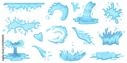 Cartoon water drops. Flying and flowing particles of blue liquid. Sea splashes. Fluid crowns and fountains. Clean fresh aqua shapes. Puddle and splatters. Curve stream. Recent vector set