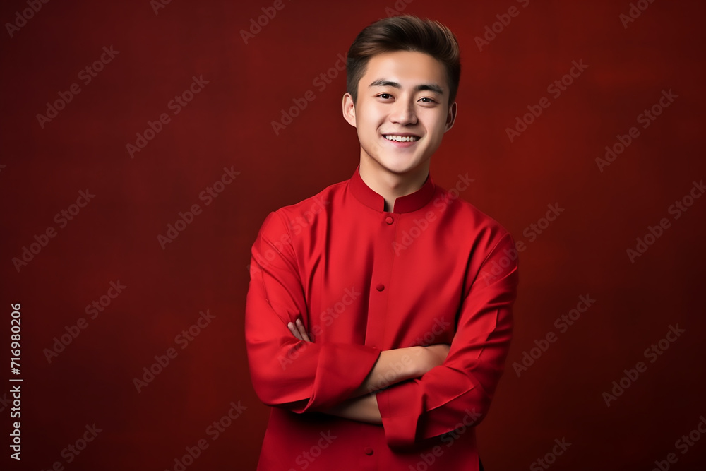 Fototapeta premium portrait of a man wearing red Chinese clothing to commemorate Chinese New Year with generative ai