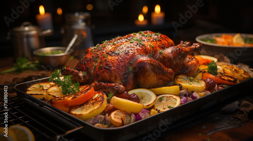 Taking photo of roasted turkey with vegetables