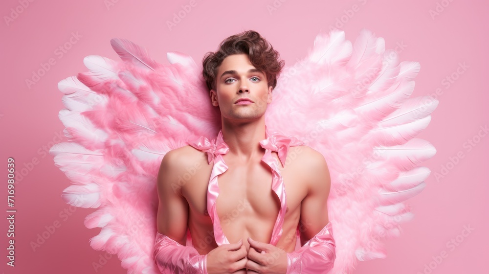 Valentines day angel. Man in a cupid costume on a pink background Valentines day angel. Man in a cupid costume on a pink background