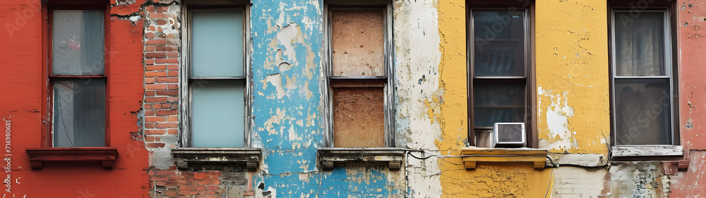 A Multicolored Building With a Broken Window A Multicolored Building With a Broken Window