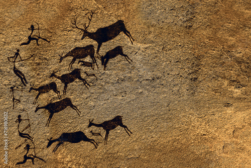 Canvastavla Cave art seamless pattern made of ancient wild animals, horses and hunters