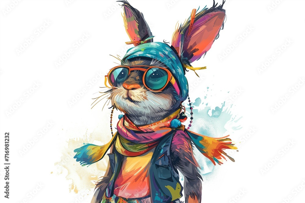 Illustration of bunny wearing colorful outfit in hippie  style on white background