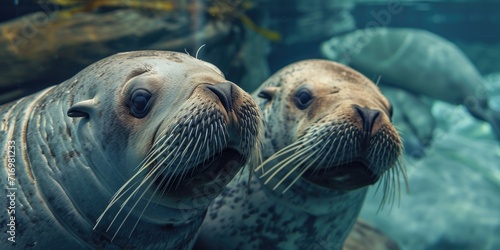 A picture of a couple of seals standing in the water. Suitable for marine life and nature themes © Fotograf