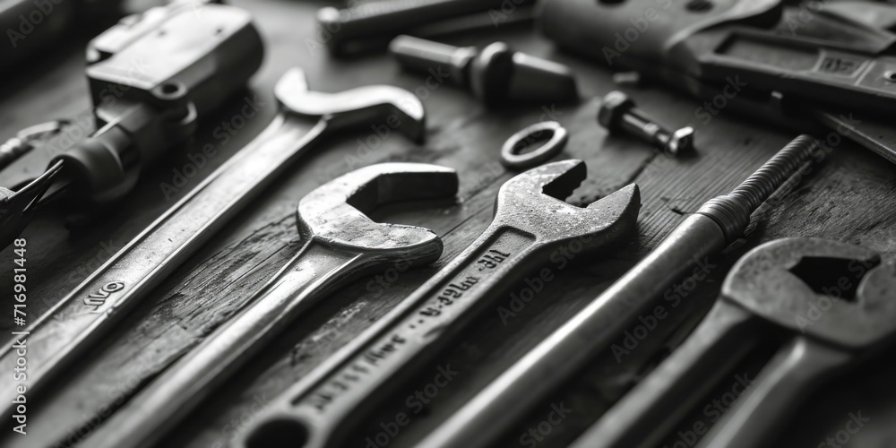 Fototapeta premium Various tools neatly arranged on a wooden table. Perfect for DIY projects and construction themes