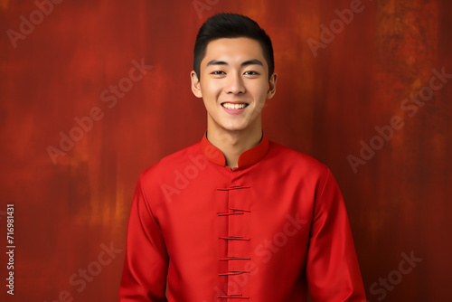 portrait of a man wearing red Chinese clothing to commemorate Chinese New Year with generative ai © MUdaylah