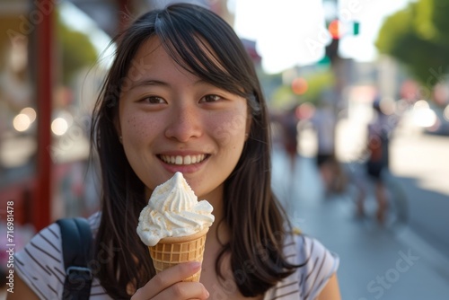 Woman Of Asian Descent Enjoying A Delicious Ice Cream On A Sunny Summer Day