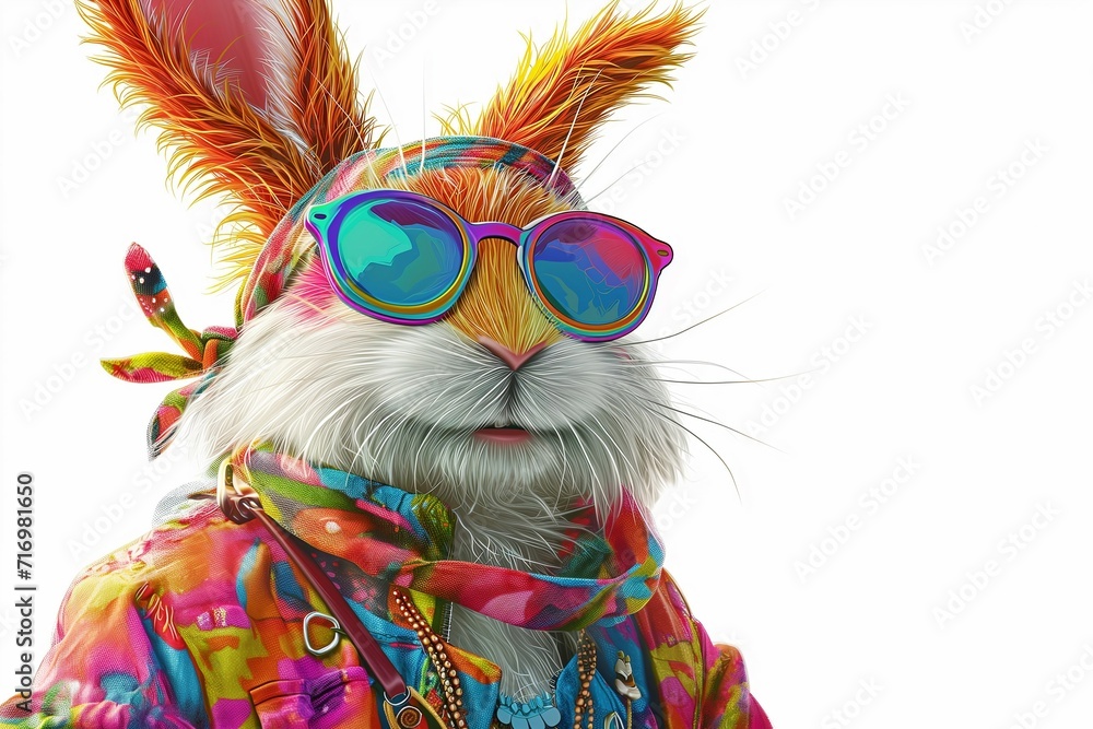 Illustration of funny rabbit wearing colorful hippie outfit on white background