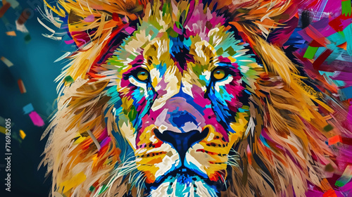 colorful lion art background. Flashy multicolored lion head figure. High quality animal background image. King of the jungles. strong illustration. Leo. wild.