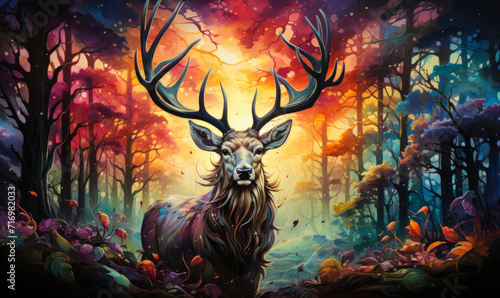 Colorful Spectrum Moose with Majestic Antlers, a Surreal Representation of Wildlife and Fantasy with a Vivid Rainbow-Hued Background