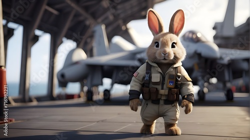easter bunny in the garden An adorable and cuddly rabbit pilot strolls around a military aircraft carrier in this 8k, cinematic Unreal Engine render.