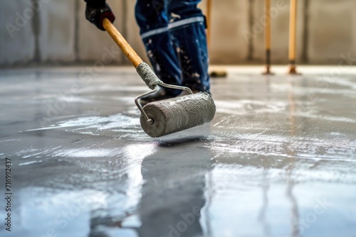 A person using a paint roller to apply paint on a cement floor. Suitable for construction, renovation, and home improvement projects