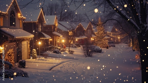 A picture of a peaceful snowy night in a residential neighborhood. This image can be used to capture the beauty and tranquility of winter nights