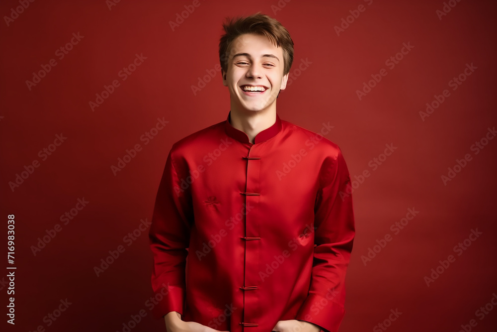 portrait of a man wearing red Chinese clothing to commemorate Chinese New Year with generative ai portrait of a man wearing red Chinese clothing to commemorate Chinese New Year with generative ai
