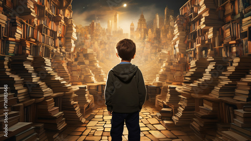 Back view of a boy standing in front of a wall of books