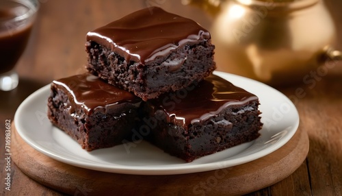 Dark brownies on a white plate