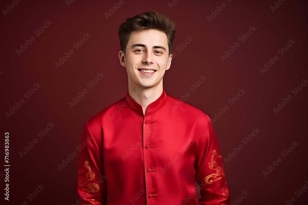 portrait of a man wearing red Chinese clothing to commemorate Chinese New Year with generative ai portrait of a man wearing red Chinese clothing to commemorate Chinese New Year with generative ai