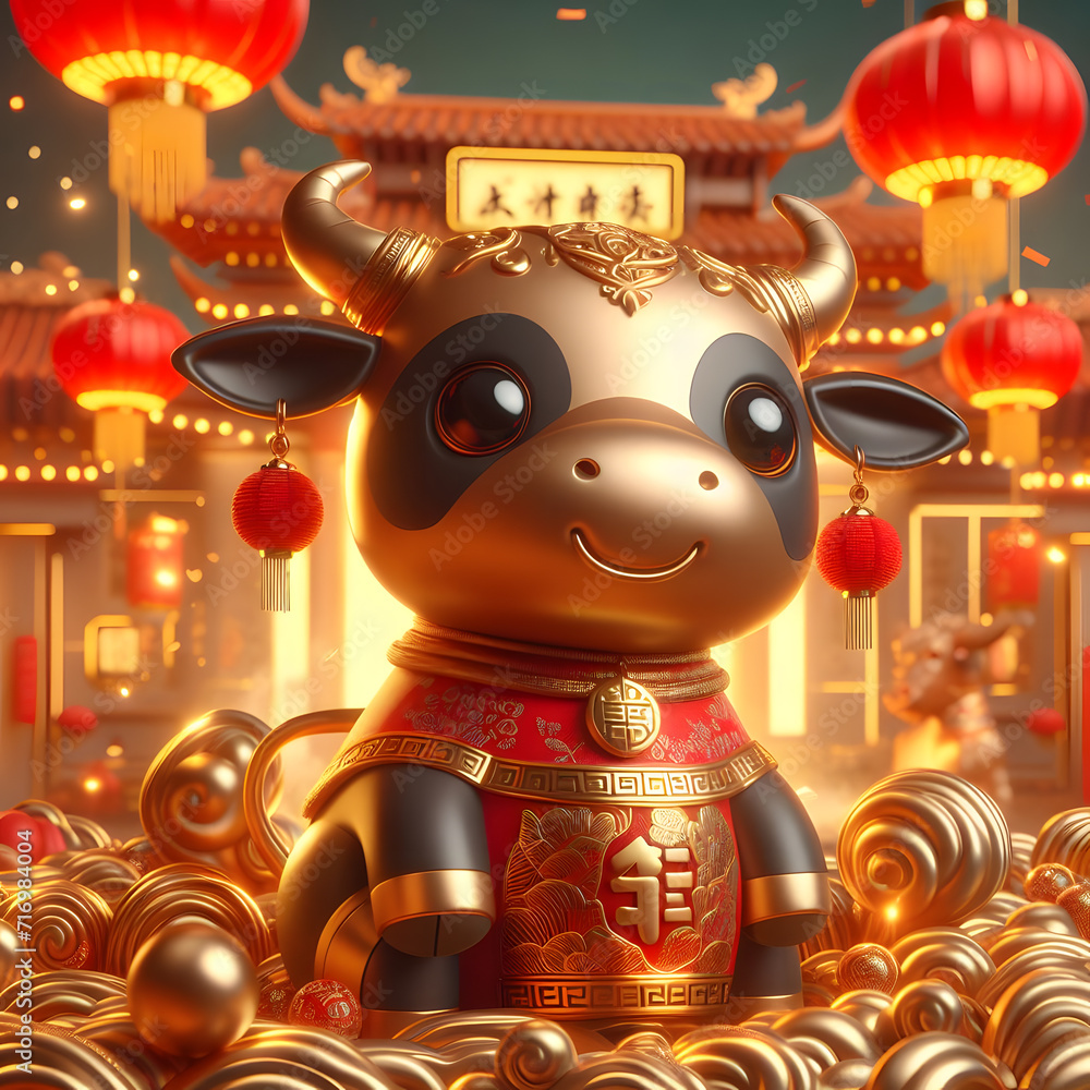 Chinese happy New Year golden Protection Cow in front of temple 3d illustration background Chinese happy New Year golden Protection Cow in front of temple 3d illustration background