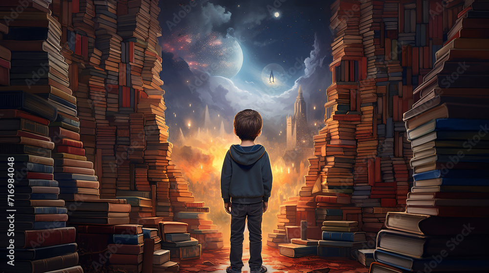 Boy standing in front of a wall of books and looking at the moon Boy standing in front of a wall of books and looking at the moon