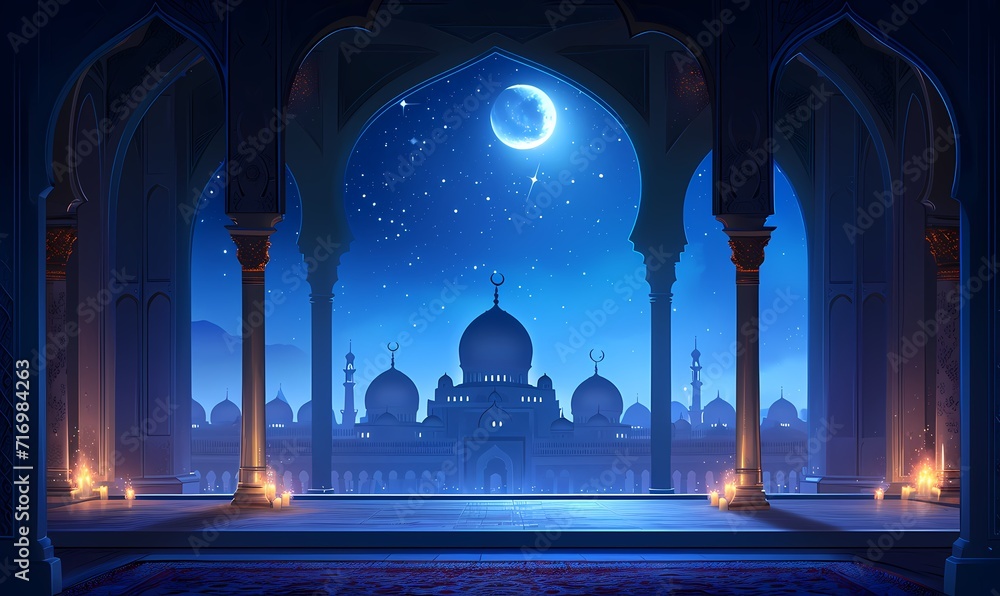 ramadan kareem vector background with mosques and minarets to the holiday Mubarak - obrazy, fototapety, plakaty 