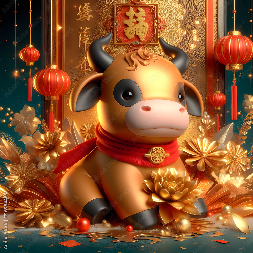 Chinese happy New Year golden Protection Cow with golden flower 3d illustration background