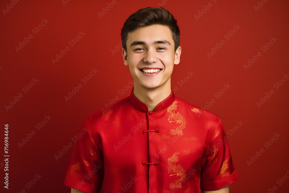 Obraz premium portrait of a man wearing red Chinese clothing to commemorate Chinese New Year with generative ai