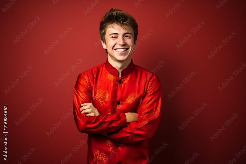 portrait of a man wearing red Chinese clothing to commemorate Chinese New Year with generative ai portrait of a man wearing red Chinese clothing to commemorate Chinese New Year with generative ai