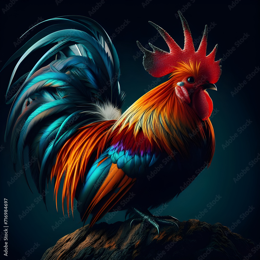 Colorful rooster stands tall on a rock, overlooking a lush green valley. Generate ai