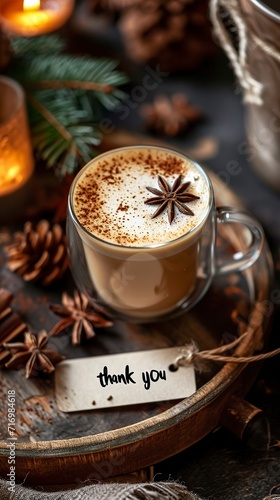 Latte coffee in a transparent glass cup served on a tray with a label reading "Thank You". Latte coffee on a wooden gift tray in warm light.