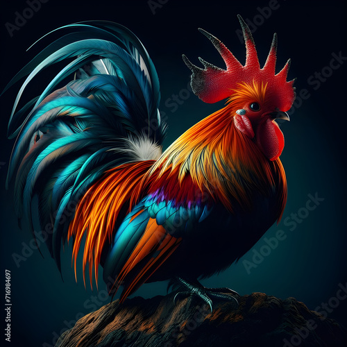 Colorful rooster stands tall on a rock, overlooking a lush green valley. Generate ai © Khunakorn